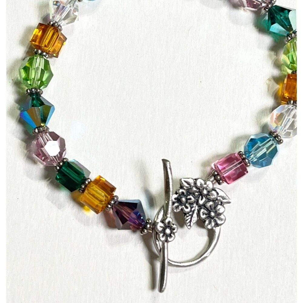 Crystal Bead Bracelet Silver Tone Floral Toggle Clasp Mixed Shapes Faceted Glass